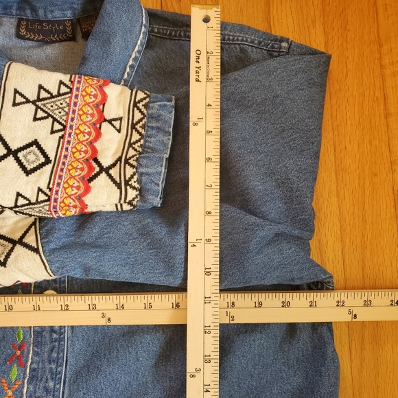 Aztec Southwestern Tribal Boho Embroidered Denim Jean Jacket - Picture 10 of 11